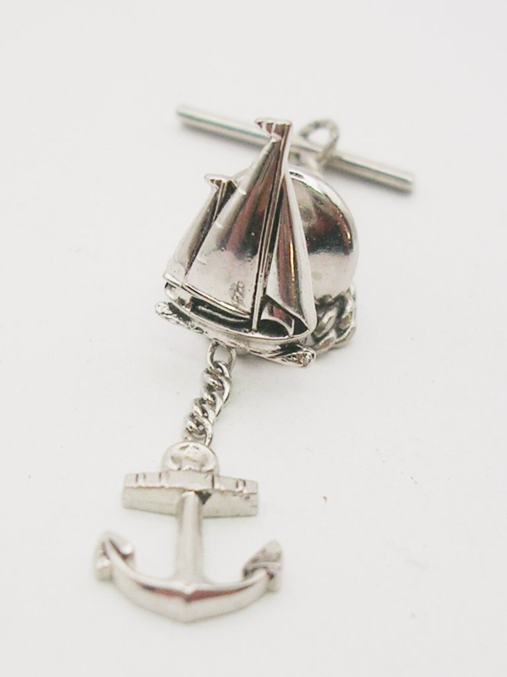 Sailboat Tie Tack Pin with Anchor classic silver tone Men's Formal Wear